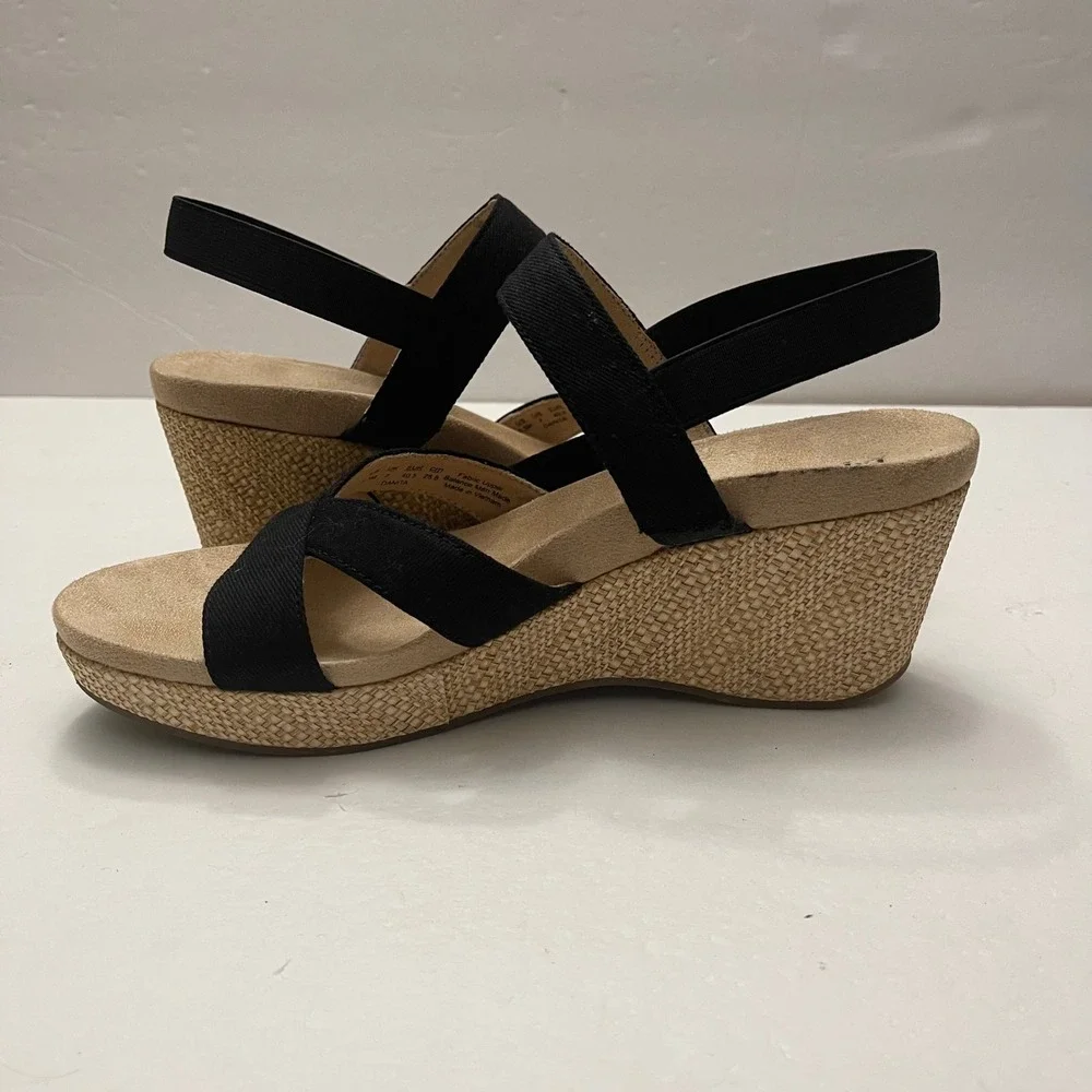 LifeStride Danita Black Wedge Sandals Elastic Straps Raffia Heel Womens‎ 9.5M